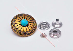 10X Brass Flower DIY Leathercraft Turquoise Stone 201 Snap Button Closures 30mm