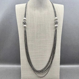 Kenneth Cole Multi Strand Necklace Silver Tone Crystal Bead Ball Statement 26" - Picture 1 of 10