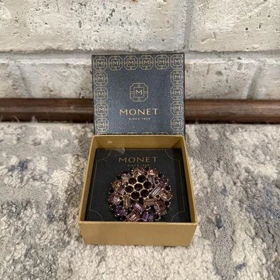 Monet Amethyst Cluster Brooch Pin Purple Rhinestone Gold Tone With Box One Size - Image 1 of 4