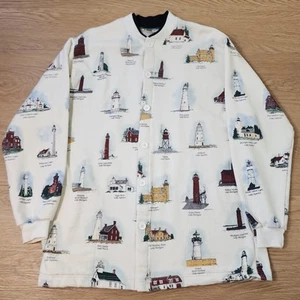 VTG Art Unlimited Great Lakes Lighthouse Button Up Cardigan Womens L-XL White - Picture 1 of 13