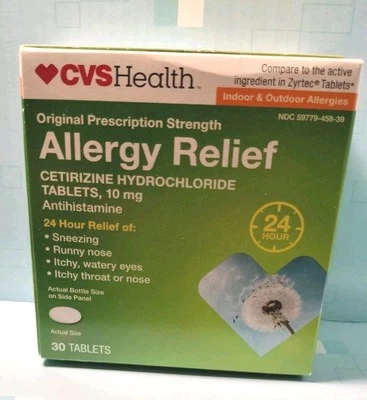 CVS HEALTH Original ALIVIO DE ALERGIAS CLORHIDRATO DE CETIRIZINA 10mg 30 Comprimidos 8/26 Foto 1 de 4
