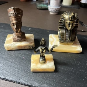 Eygptian Copper Figures X3 1930s Marble Base Vintage Paperweights Sculptures - Picture 1 of 3