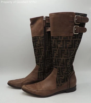 Fendi 女式棕色皮革 FF Monogram 及膝靴 38 码带真品证书 — 第 1/4 张图片