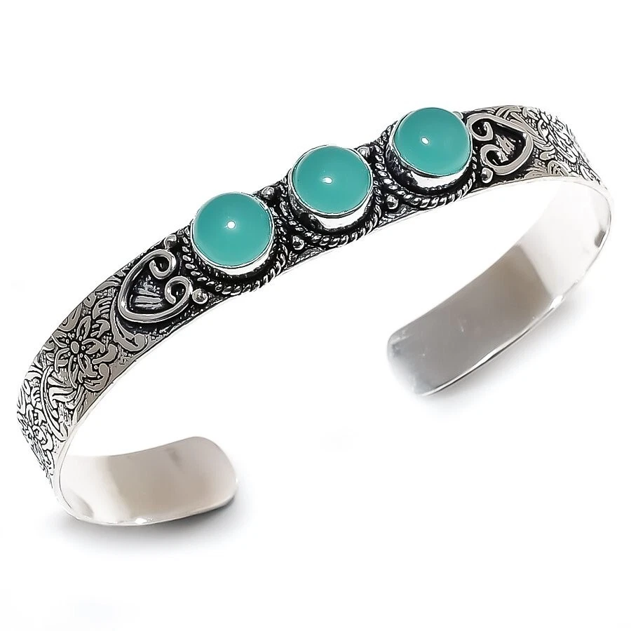 Aquamarin Chalzedon Edelstein Handmade 925 Sterlingsilber Armreif Armband Größe - Bild 1 von 1