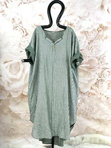 LaBass Kleid Baumwolle Streifen V-Ausschnitt Knopf Grün EG 44 - 56 - Bild 1 von 11