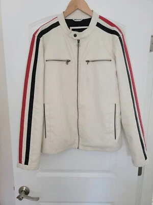 Wilsons Faux Leather White Jacket Medium Red Blue Stripes Motorcycle Moto - Image 1 of 4