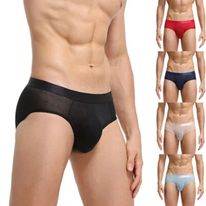 Men's Underwear Ice Silk Sheer Transparent Mesh Briefs Printed Shorts Underpants - Picture 1 of 17