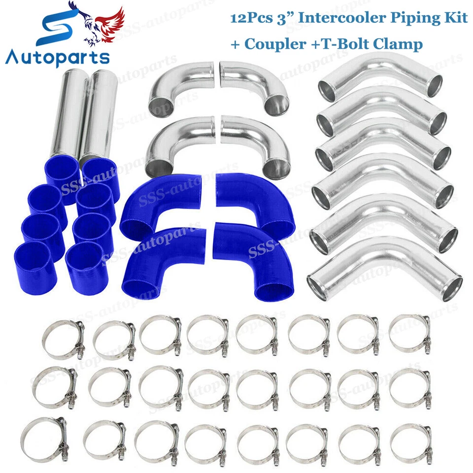 Kit de tubulação intercooler universal 3" polegadas 76mm 12 peças + acoplador braçadeira parafuso T azul - Imagem 1 de 4