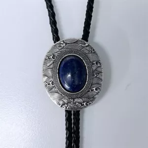 Corbata Bolo Ovalada Piedra Lapislázuli Artesanal con Cuerda Trenzada de Cuero Genuino - Imagen 1 de 11