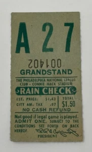 Connie Mack Stadium Tribüne Rain Check Ticket Stub 50er/60er Jahre - Bild 1 von 2