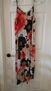 Mid Length Spaghetti Strap Blousey Red White Black Peach Floral Print Dress Sz S - Picture 1 of 5