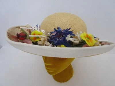 Don Anderson Fine Natural Straw Hat Silk Flowers Breton Wide Brim Sun Derby Chur - Image 1 of 4