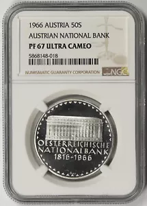 1966 Austria Austrian National Bank Silver 50 Shilling PF 67 Ultra Cameo NGC - Picture 1 of 4