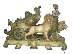 Antique German Bisque 1870-1890? Chariot Lady Woman Lions Sleigh Figure Read - Picture 1 of 24