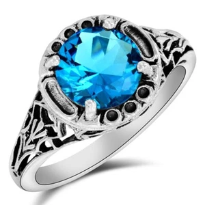 3CT Natural Blue Topaz 925 Solid Sterling Silver Art Deco Style Ring Sz 7 - Picture 1 of 4