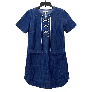 Free Assembly Womens Size S Short Sleeve Lace Up Shift Dress Medium Indigo - Picture 1 of 7