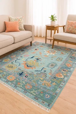 Hand-Knotted Aqua Oushak Rug Bold Tribal Motifs Vibrant Wool Area Carpet - Image 1 of 4