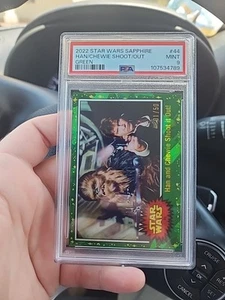 2022 Topps Chrome Star Wars Sapphire #44 Han and Chewie Shoot it Out Green 01/50 - Picture 1 of 3
