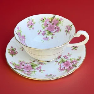NEW CHELSEA STAFFS ENGLAND FOOTED TEA CUP AND SAUCER PINK FLOWERS GOLD ACCENTS - Picture 1 of 17