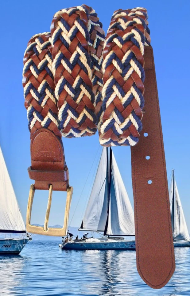 Cinturón Chaps Hombre Talla 42 Cuero Trenzado Y Cordón Azul Marino Marrón Beige UNISEX Costero Foto 1 de 4