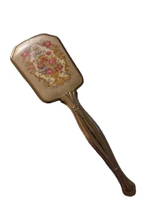Vintage Gold Toned Vanity Hair Brush with Pink Floral Tapestry Design - Picture 1 of 8