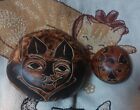 Lot 2 Vintage Folk Art Hand Carved Gourd Cat Gourds Signed Medina Decor Cats 