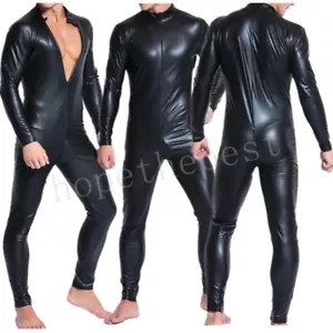 Hombre apretado leotardo cremallera wetlook mono manga larga traje de manga club clubwear M-3XL - Imagen 1 de 7