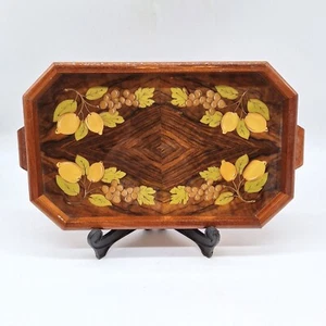 Vintage lacquered high grain wood tray handles painted lemons grapes decorative - Picture 1 of 9