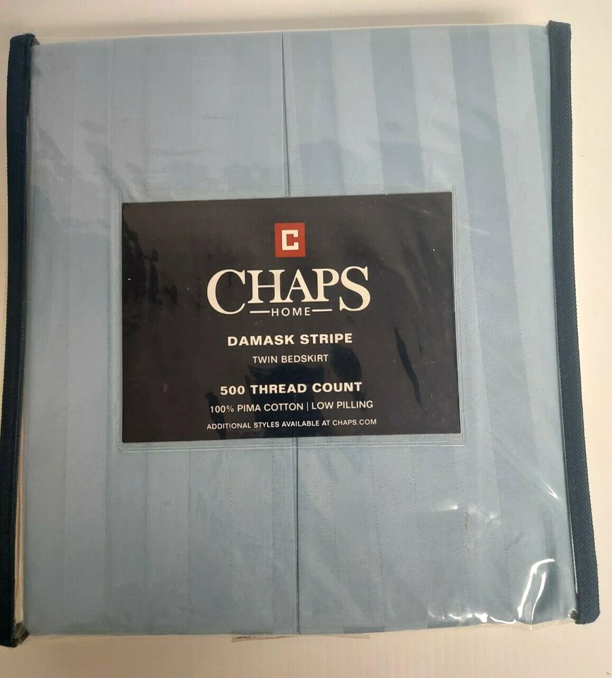 NEW Chaps Home Damask Stripe Full Bed Skirt Blue 100% Pima Cotton  500TC - Image 1 of 4