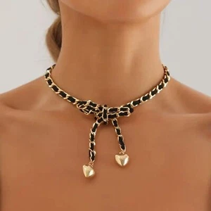 Chic, Elegant, Trendy Black & Gold Chain Bow w/ Heart Pendant Choker Necklace - Picture 1 of 8