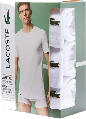 Lacoste Men Essentials 3 Pk Regular Fit Crew Neck T-Shirt White TH3451-51 001 - Image 1 of 2