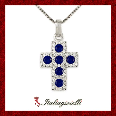 Splendente Collana Croce Brillante con Zaffiri Argento 925 Rodiato Oro Bianco - Immagine 1 di 4