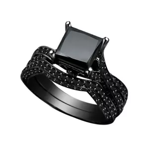 2.38Ct Lab Created Black Princess Diamond Black Silver Ring Anniversary Ring - Picture 1 of 4