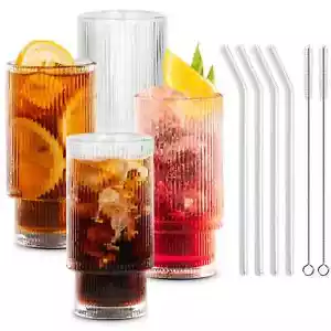 Set of 4 Drinking Glasses 12oz Ribbed Glass Cups w/ Straws & Brushes, Glassware - Picture 1 of 12