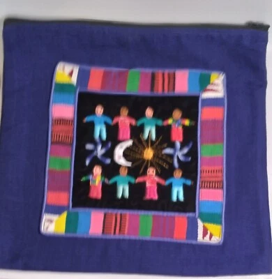 Vintage Guatemalan Cobalt Blue With People Colorful Pillow Cover 14"x13" - Image 1 of 4
