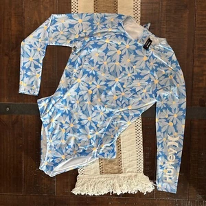 NWOT Hurley One-Piece Long Sleeve Rashguard Swimsuit Big Girls XL Blue Daisies - Picture 1 of 7