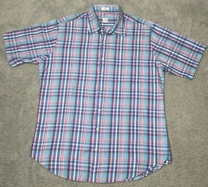 Camisa de manga corta Peter Millar azul y rosa a rayas con botones para hombre talla grande - Imagen 1 de 9