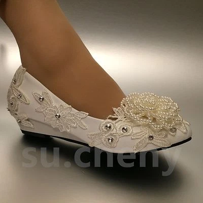 su.cheny Wedge pearl white ivory lace flowers rhinestone Wedding Bridal shoes - Image 1 of 4