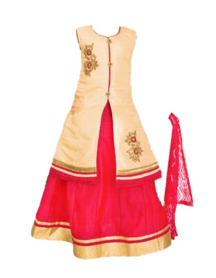 Little Girls' Designer Lehenga Gold and Hot Pink Indian Party 3 Piece Dress - Image 1 of 4