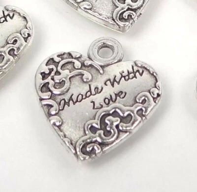 8 Made With Love Heart Antique Silver Pewter Valentine Pendants Tag 19x17mm - Image 1 of 3