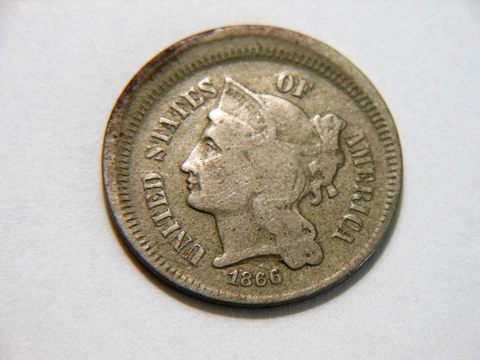 1866 VG+/F 3 Cent Nickel with Broad Struck Error,  Nice *Scarce* Vintage Error Cover