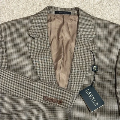 Новый с Ярлыками Ralph Lauren 38R шелк шерсти коричневый Houndstooth Blazer куртка спортивное пальто - Изображение 1 из 4