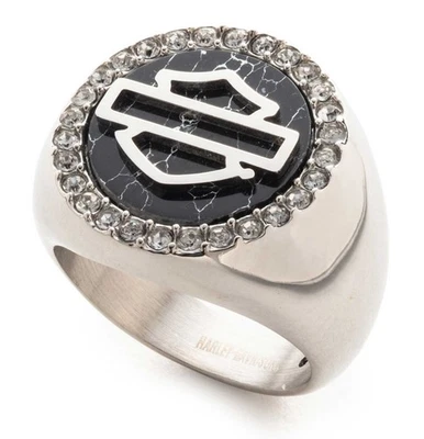 Harley-Davidson Women's Bar & Shield Black Crystal Signet Ring, Stainless Steel - Image 1 of 2