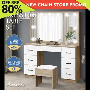 ALFORDSON Dressing Table Stool Set Makeup Mirror Desk LED 10 Bulbs Oak - Picture 1 of 12