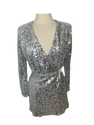 H&M Silver Sequin Long Sleeve Glam Elegant Evening Disco Wrap Dress Small NEW - Image 1 of 4