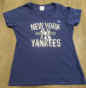New York Yankees Majestic Womens Large Shirt Top Silver Metallic Logo EUC - Picture 1 of 4