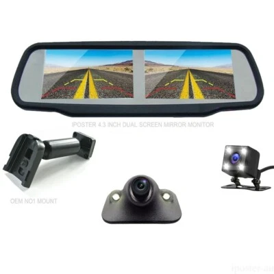 4.3"Dual Screen Car Rear View Mirror Monitor 2x Front Rear View Reversing Camera - Image 1 of 4