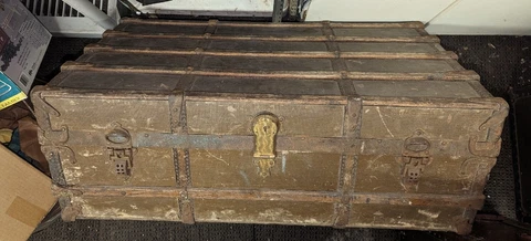 Vintage Rustic Antique Canvas & Leather Flat Top Wood Steamer Trunk Chest Cover