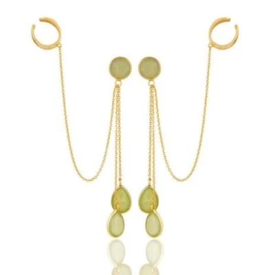 Серьги-манжеты из чистого серебра с зеленым халцедоном покрытие желтым золотом 18 карат - Изображение 1 из 2