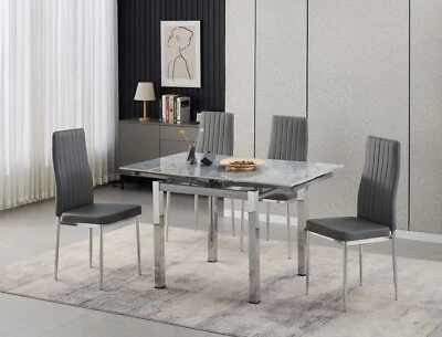 Dining Table Set Extending Grey Sintered Stone Top with 4 Faux Leather Chairs - Image 1 of 4